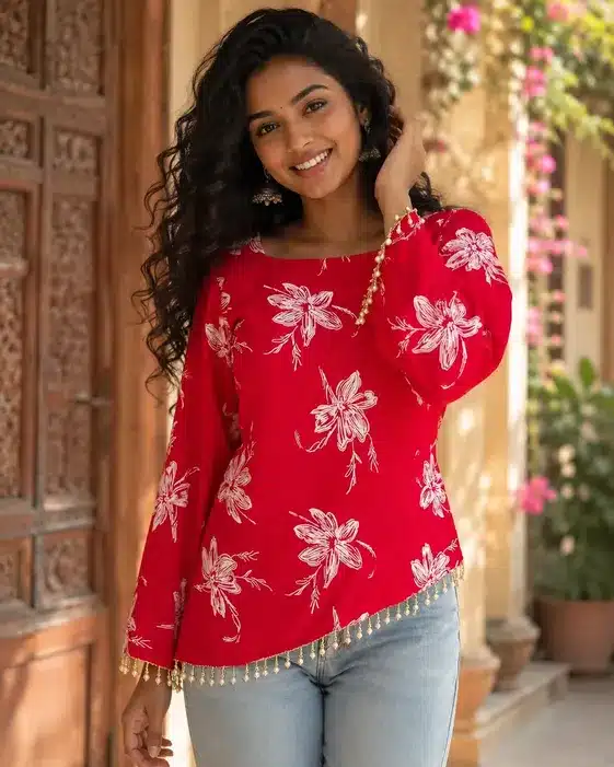 Women's Floral Embroidered Casual Kurti Top