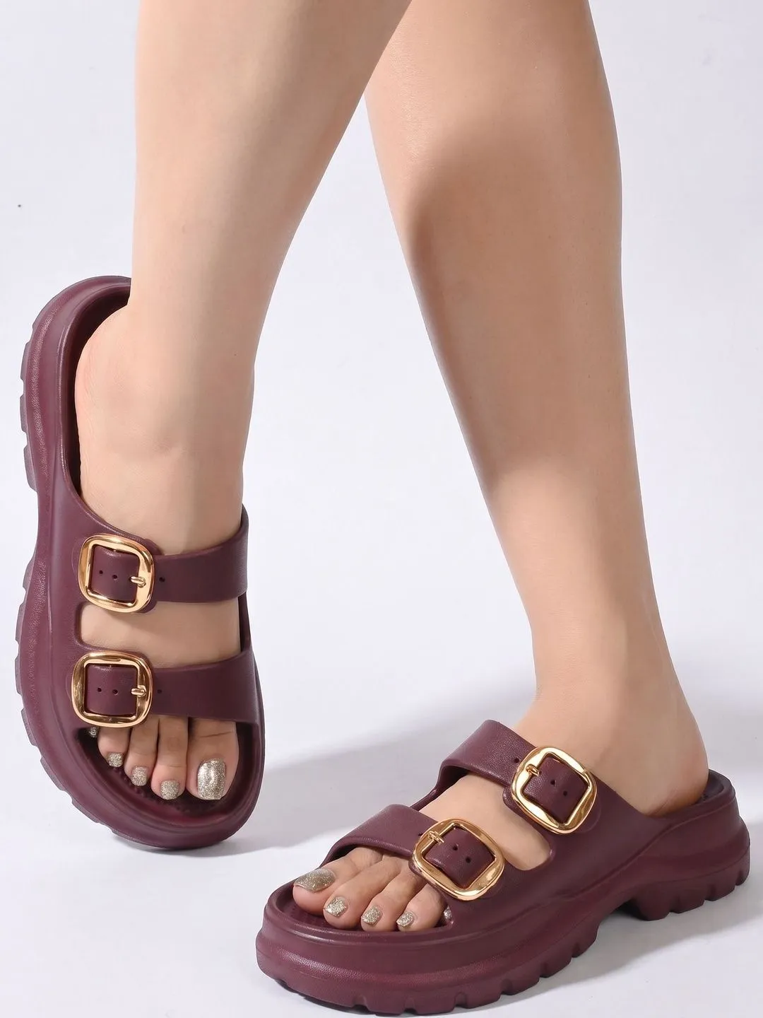 Women's Double Buckle Platform Slides